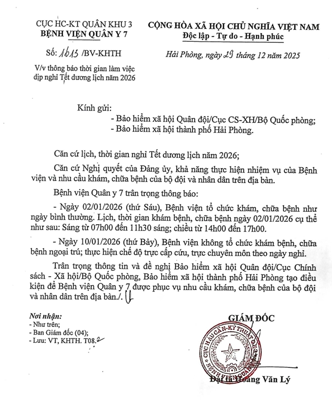 Bệnh viện Quân y 7, Cục Hậu cần - Kỹ thuật, Quân khu 3 thông báo